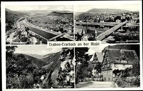 Ak Traben Trarbach an der Mosel, Moselbrücke, Fachwerkhäuser, Bad Wildstein, Totalansicht