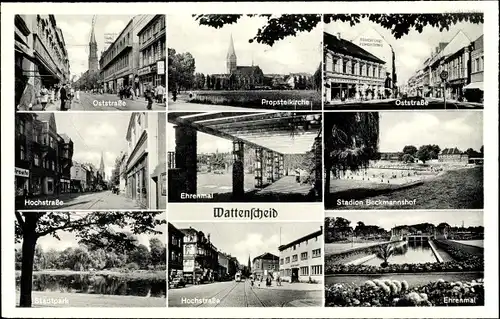 Ak Wattenscheid Bochum Ruhrgebiet, Oststraße, Hochstraße, Ehrenmal, Stadion Beckmannshof, Kirche