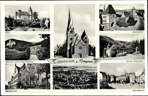 Ak Mayen in der Eifel, Marktplatz, Kloster, Clemenskirche, Schloss, Gymnasium, Burg, Brückentor