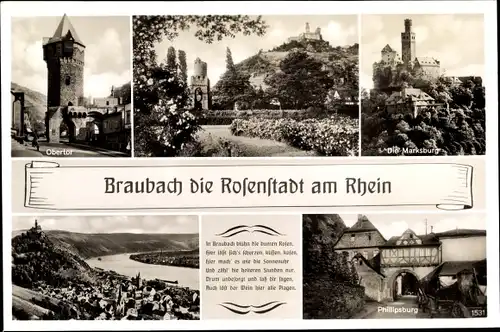 Ak Braubach am Rhein, Obertor, Marksburg, Phillipsburg, Panorama, Gedicht