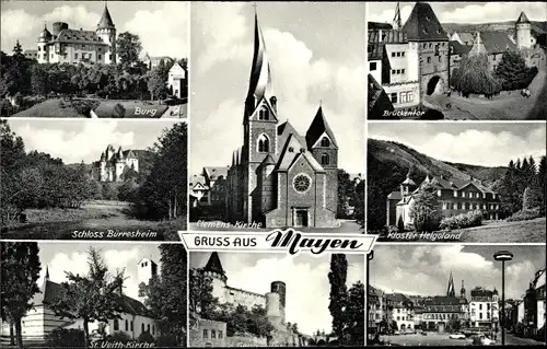 Ak Mayen in der Eifel, Kloster Helgoland, Brückentor, Burg, Schloss Bürresheim, Clemens Kirche