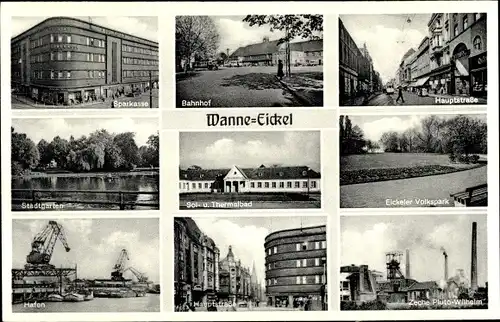 Ak Wanne Eickel Herne, Zeche Pluto Wilhelm, Bahnhof, Sparkasse, Stadtgarten, Hafen, Volkspark