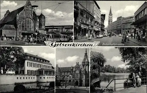 Ak Gelsenkirchen im Ruhrgebiet, Rathaus, Stadtgarten, Bahnhof Front, Bahnhofstraße