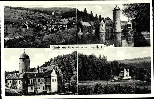 Ak Mespelbrunn im Spessart Unterfranken, Schloss, Schwanenteich, Panorama, Vogelschau
