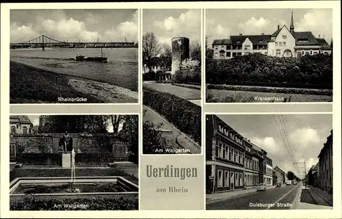 Ak Uerdingen Krefeld am Niederrhein, Krankenhaus, Duisburger Straße, Rheinbrücke, Wallgarten