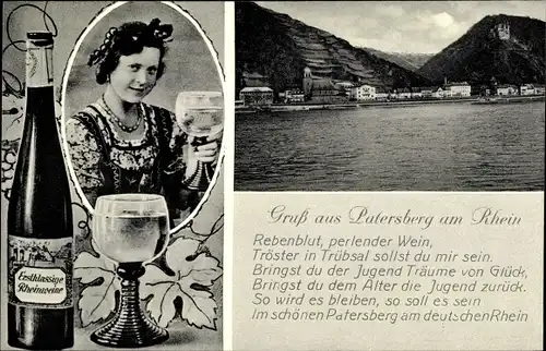 Ak Patersberg am Rhein, Frau in Tracht mit Wein, Gasthof Rheinblick, Wasseransicht
