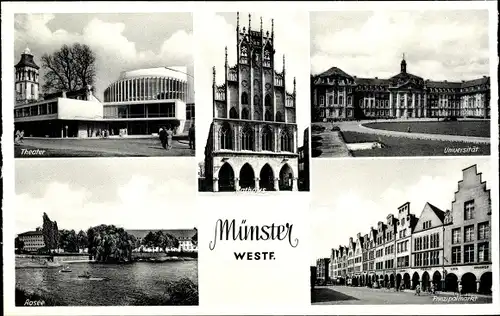 Ak Münster in Westfalen, Rathaus, Theater, Aasee, Prinzipalmarkt, Universität