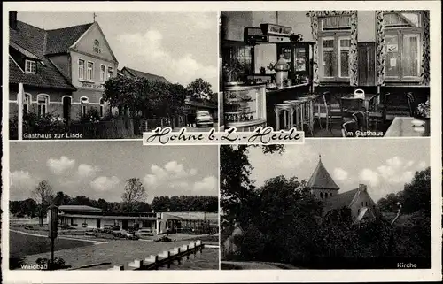 Ak Hohne Niedersachsen, Gasthaus zur Linde, Innenansicht, Waldbad, Kirche