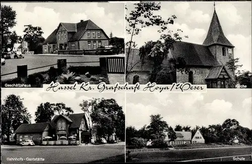 Ak Hassel an der Weser, Geschäftshaus, Bahnhofsgaststätte, Schule, Kirche