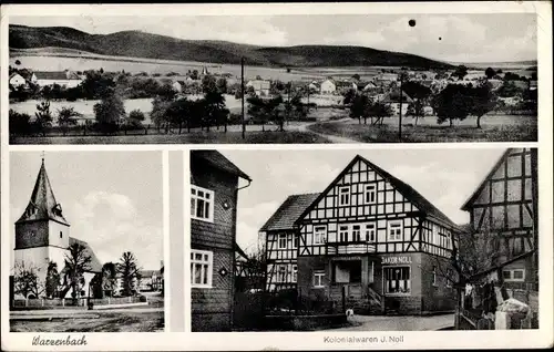 Ak Warzenbach Wetter in Hessen, Kolonialwarenhandlung, Kirche, Totalansicht
