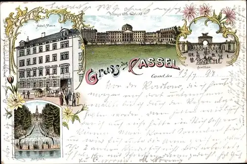 Litho Kassel in Hessen, Auetor, Schloss Wilhelmshöhe, Hotel Maua, Herkules