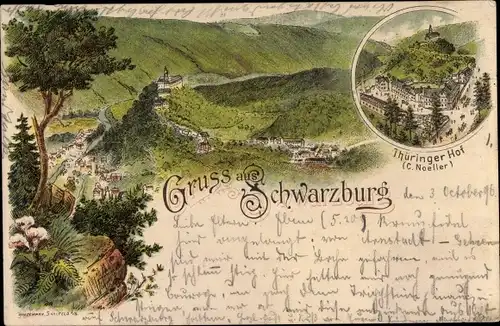 Litho Schwarzburg in Thüringen, Hotel Thüringer Hof, Landschaft