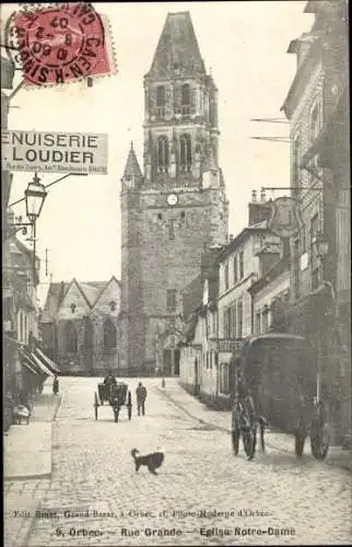 Ak Orbec Calvados, Rue Grande, Eglise Notre Dame, Menuiserie Loudier