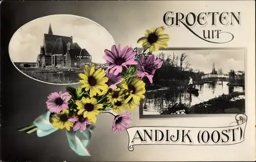 Ak Andijk Medemblik Nordholland Niederlande, Blumen, Flusspartie, Gebäude