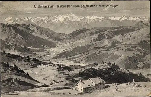 Künstler Ak Kitzbühel in Tirol, Gipfelhaus am Kitzbüheler Horn, Blick gegen Großvenediger