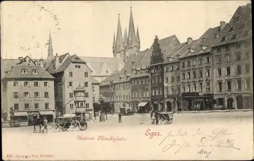 Ak Cheb Eger Region Karlsbad, Unterer Marktplatz, Apotheke, Geschäft Wilhelm Müller
