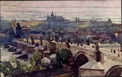 Künstler Ak Setelik, Praha, Panorama des Hradschin, Brücke