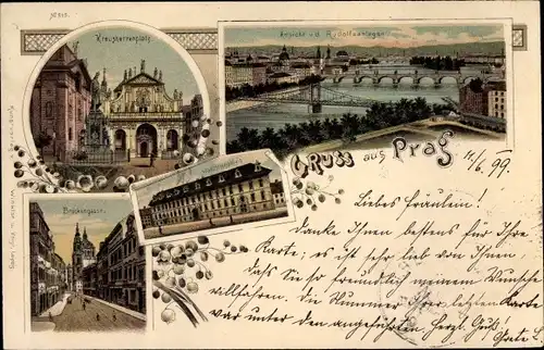 Litho Praha Prag, Brückengasse, Blick von den Rudolfsanlagen, Palais