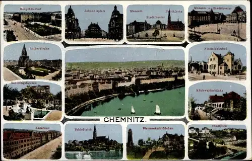 Ak Chemnitz in Sachsen, Nicolaibahnhof, Museum, Stadttheater, Johannisplatz, Hauptbahnhof, Stadtpark