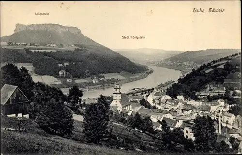 Ak Königstein an der Elbe Sächsische Schweiz, Blick auf den Ort, Lilienstein, Kirche