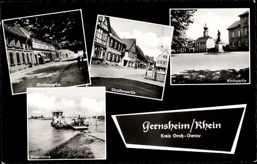 Ak Gernsheim Rhein Hessen, Straßenpartie, Kirchpartie, Rheinfähre