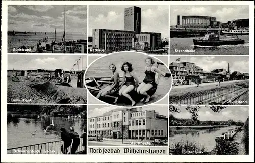 Ak Wilhelmshaven in Niedersachsen, Südstrand, Geniusbank, Rathaus, Strandhalle, Stadtpark
