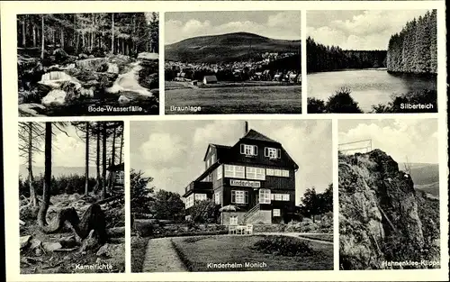 Ak Braunlage im Oberharz, Kinderheim Monich, Hahnenkleeklippe, Silberteich, Wasserfälle, Kamelfichte