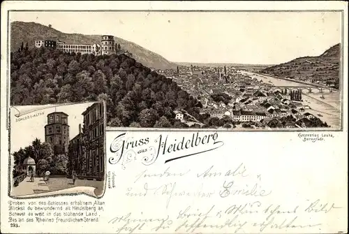 Litho Heidelberg am Neckar, Panorama, Schloss Altan
