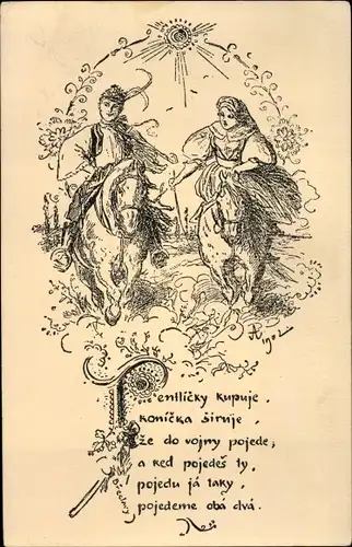 Künstler Ak Paar in tschechischen Volkstrachten auf Pferden