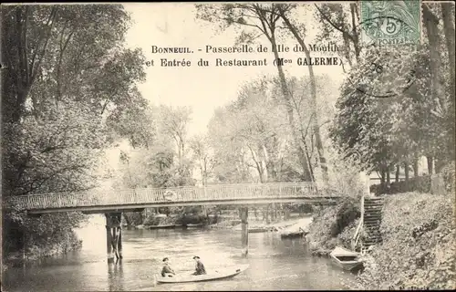 Ak Bonneuil Val d´Oise, Passerelle de l'Ile du Moulin, Entree du Restaurant Mon Galerme