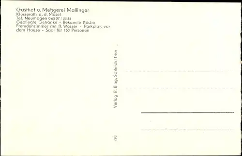 Ak Klüsserath an der Mosel, Gesamtansicht, Gasthof Metzgerei Mallinger