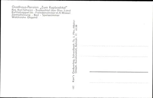 Ak Holzappel Rheinland Pfalz, Gasthaus Pension zum Rupbachtal, Inh. Karl Schwarz