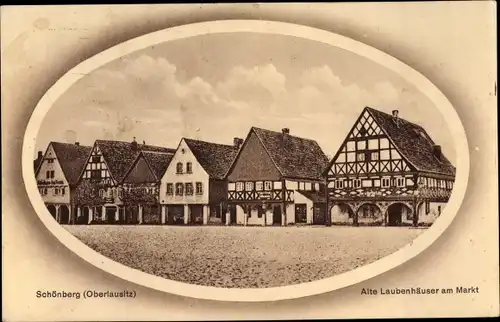 Passepartout Ak Sulików Schönberg Oberlausitz Schlesien, Alte Laubenhäuser, Marktplatz