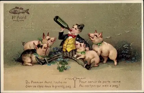 Präge Litho 1. April, Glücksschweine, Betrunkener