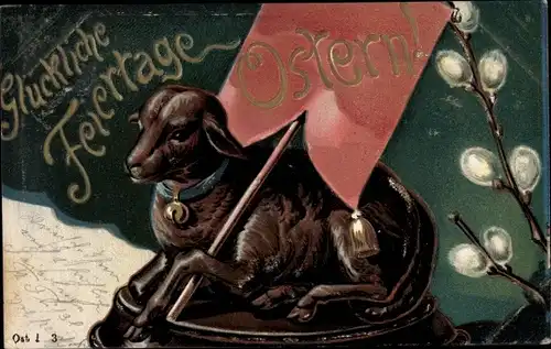 Präge Ak Glückwunsch Ostern, Lamm, Weidenkätzchen