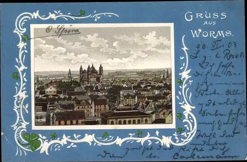 Präge Passepartout Litho Worms in Rheinland Pfalz, Gesamtansicht der Stadt