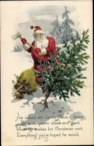 Ak Frohe Weihnachten, Weihnachtsmann schlägt Tannenbaum, Santa Claus