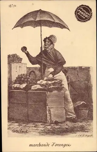 Künstler Ak Marchande d'oranges, Orangenhändlerin, Stand, Maggi