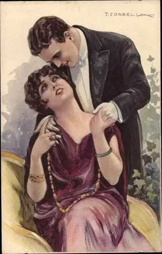 Künstler Ak Corbella T., Liebespaar, Dame im Abendkleid