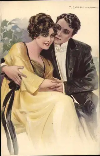 Künstler Ak Corbella T., Liebespaar, Dame im gelben Kleid