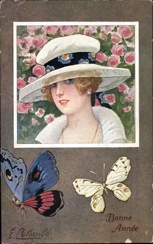 Künstler Ak Colombo, E., Glückwunsch Neujahr, Dame mit Hut, Schmetterlinge