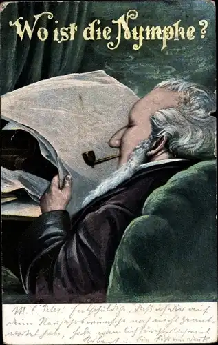 Vexier Ak Wo ist die Nymphe, Mann mit Zeitung und Pfeife