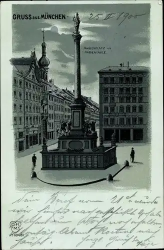 Mondschein Litho München Bayern, Marienplatz mit Mariensäule