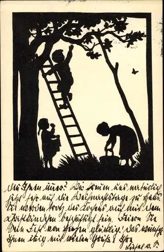 Scherenschnitt Ak Schirmer, Anna, Kinder pflücken Äpfel, Apfelbaum
