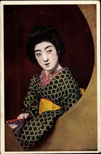 Ak Japanerin in Volkstracht, Kimono, Fächer