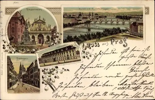 Litho Praha Prag, Brückengasse, Blick von den Rudolfsanlagen, Palais