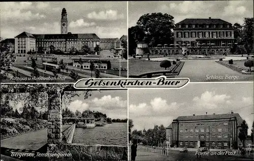 Ak Buer Gelsenkirchen im Ruhrgebiet, Schloss Berge, Post, Bergersee, Rathaus, Autobusbahnhof