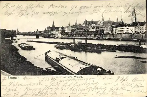 Ak Hansestadt Bremen, Weserpartie, Blick zur Stadt