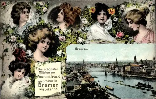 Passepartout Ak Hansestadt Bremen, Blick auf die Stadt, Frauen-Portraits, Rosen