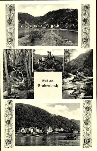 Ak Brodenbach an der Terrassenmosel, Ehrenburg, Ehrbachklamm, Donnerloch, Blick auf den Ort